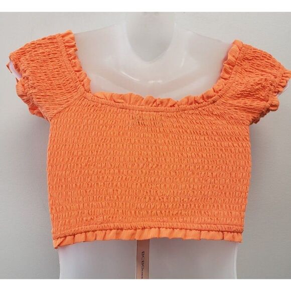 BCBGeneration Crop Top Women's SMALL Orange Smocked Off-The-Shoulder Stretch NEW - Picture 10 of 12